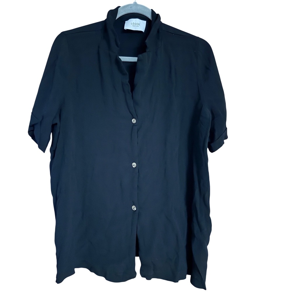 Légoe Heritage Black Viscose Short Sleeve Button Down Blouse Maternity Size 4